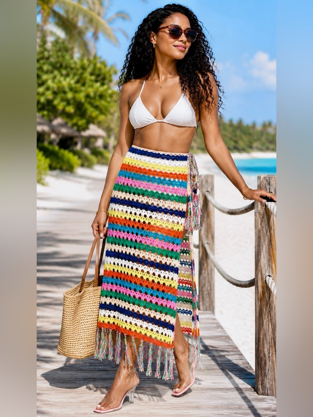 Boho Rainbow Crochet Fringe Maxi Skirt Festival Wrap Coverup Vacation M 8-10